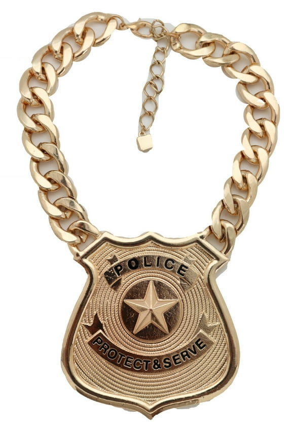 Women Fashion Gold Metal Chain Necklace Bold Police Badge Pendant Protect Serve