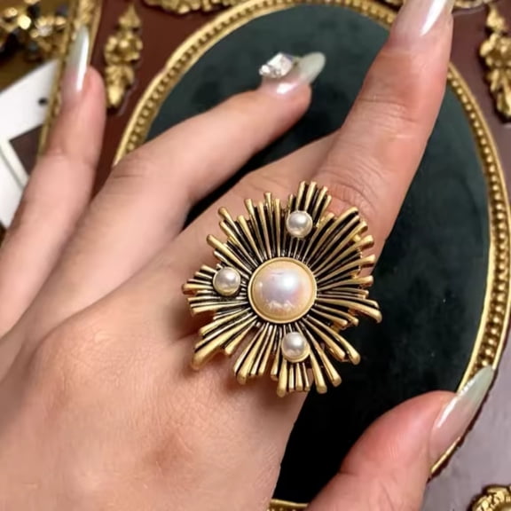 Women Fashion Golden Flower Pearl Crystal Traditional Indian Jewelry Adjustable Big Finger Ring