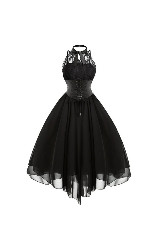 Women Fashion Gothic Style Sexy Banquet Festival Dress Lace Chiffon Dress