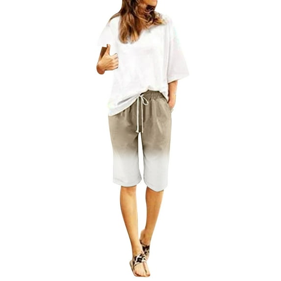 Women Fashion Gradient Print Solid Color Cotton Flax Elastic Long Pants plus Jean Leggings x Beach Leisure Trousers plus Business Pants Woman's Clothes plus Petite Pants Fitness Pants for Women pl