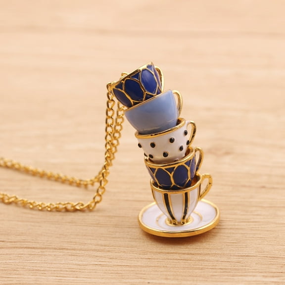Women Fashion Hand Painted Enamel Teacup Pendant Necklace Long Chain Jewelry