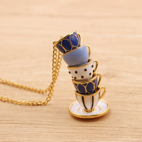 Women Fashion Hand Painted Enamel Teacup Pendant Necklace Long Chain Jewelry