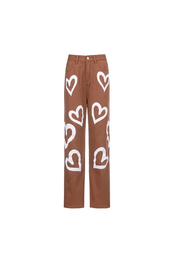 Women Fashion Heart Print Jeans Ladies Stylish High Waist Pants for Shopping Daily Wear