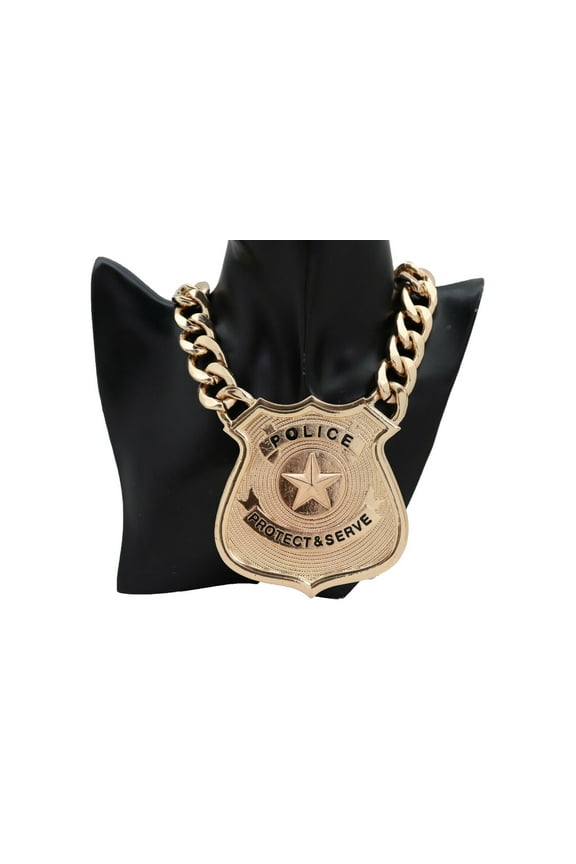 Women Fashion Heavy Gold Metal Chain Necklace Police Badge Charm Protect Serve