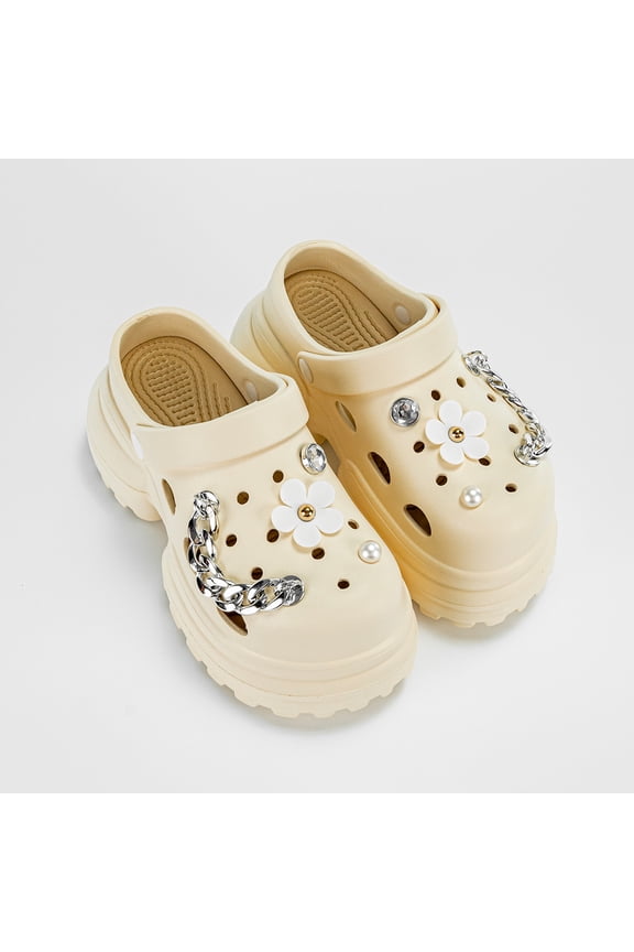Women Fashion High Heel White Flower Silver Chain EVA Clogs 10cm Height Increase Thick Sole Summer Outdoor Slippers