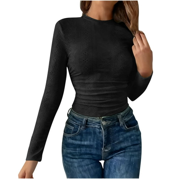 Women Fashion Hollow Out Slim Fit Blouse, Puff Long Sleeve Mock Neck Casual Shirts Solid Color Baselayer Tunic Shirt