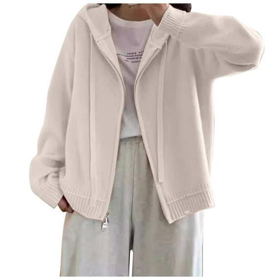 Women Fashion Hooded Double Zipper Design Sense Knit Cardigan Solid Loose Sweater Coat Top