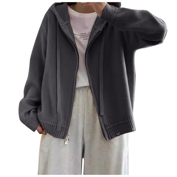 Women Fashion Hooded Double Zipper Design Sense Knit Cardigan Solid Loose Sweater Coat Top