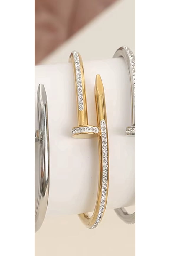 Women Fashion Jewelry Luxurious Golden Silver Crystal Stainless Steel Nail Cuff Bangle Bracelet