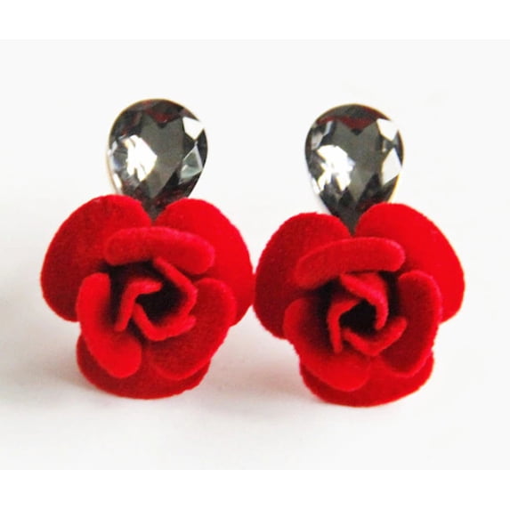 Women Fashion Jewelry Pretty Red Rose Velvet Flower Stud Earrings Valentines Gift