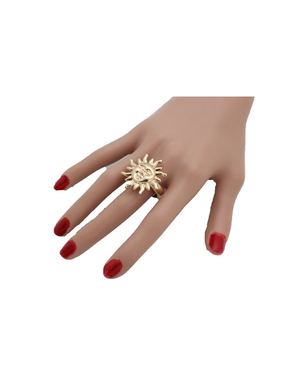 Women Fashion Jewelry Ring Gold Metal Smiling Sun Rise Stretch 80's Dance Bling