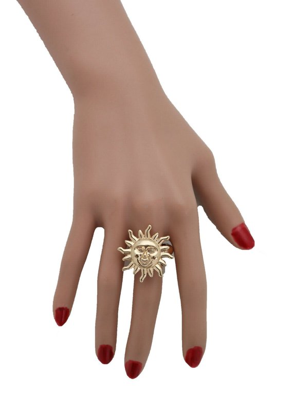 Women Fashion Jewelry Ring Gold Metal Smiling Sun Rise Stretch Band Accessory