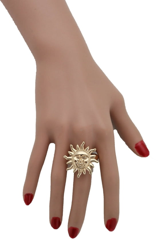 Women Fashion Jewelry Ring Gold Metal Smiling Sun Rise Stretch Band Accessory