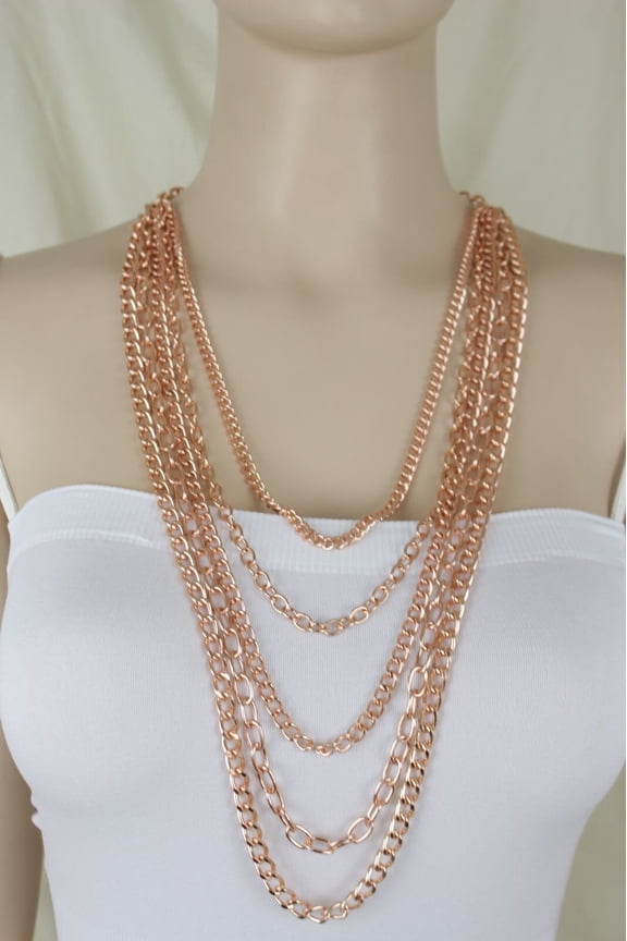 Women Fashion Jewelry Set Necklace Rose Gold Metal Chain Links 5 Long Strands