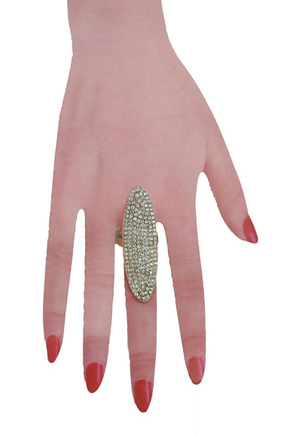 Women Fashion Jewely Ring Long Gold Metal Oval Shape Silver Bling Size 8