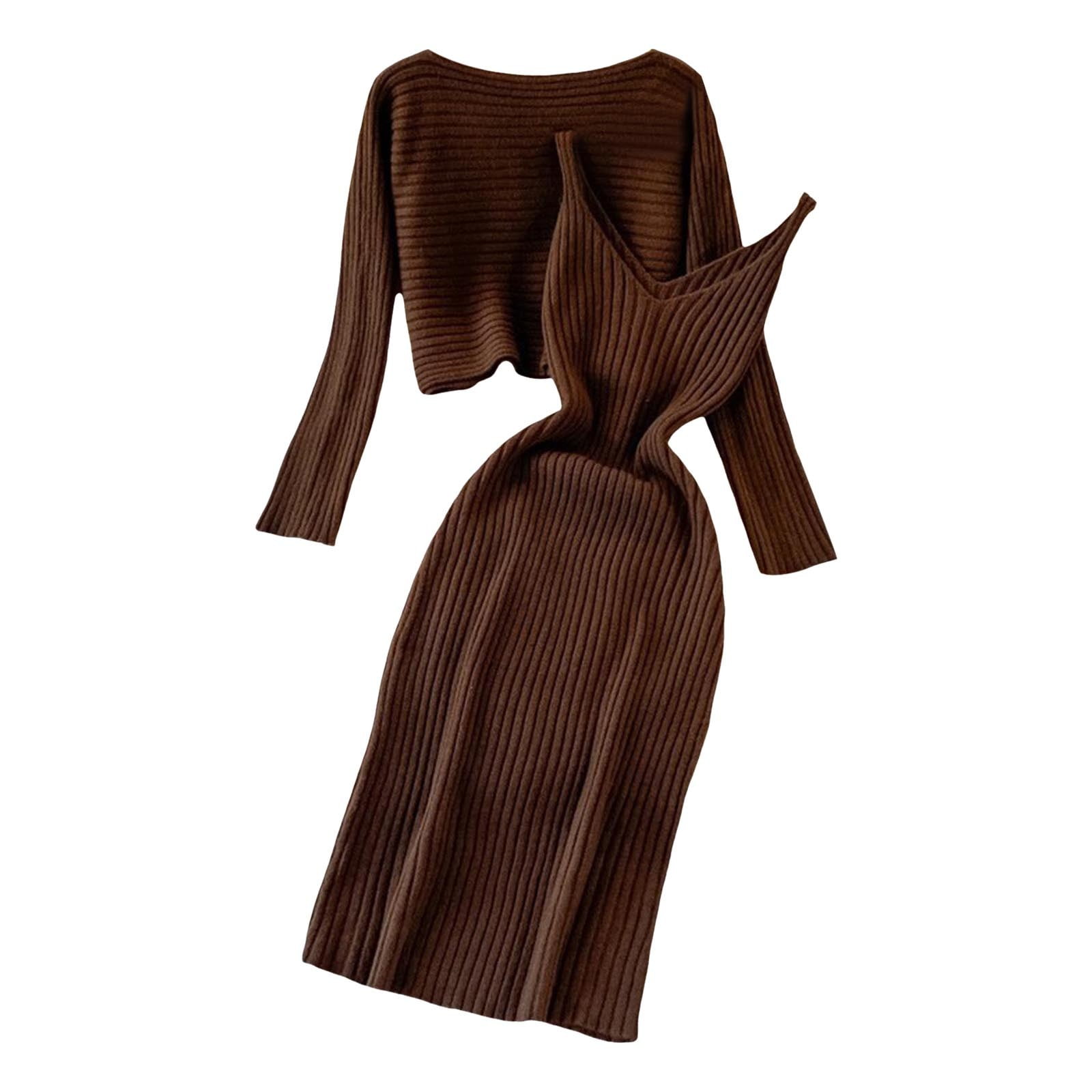 Women Fashion Knitted Dress Two Piece Suit Pullover Top And Dress Bodycon 2  Piece Set Jumper Midi Dress Knitted Dress Set - Walmart.com