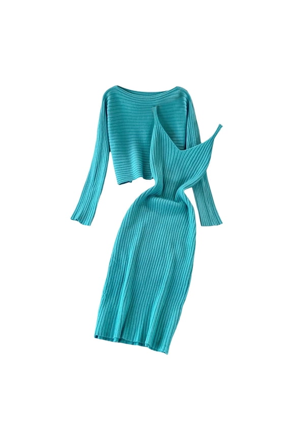 Women Fashion Knitted Dress Two Piece Suit Pullover Top And Dress Bodycon 2 Piece Set Jumper Midi Dress Knitted Dress Set