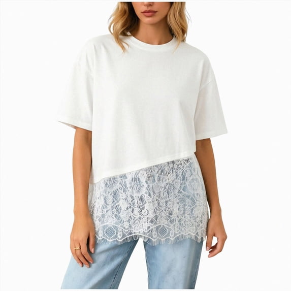 Women Fashion Lace Tops Oversized Basic Tees Short Sleeve Summer Outfits Going Out Top