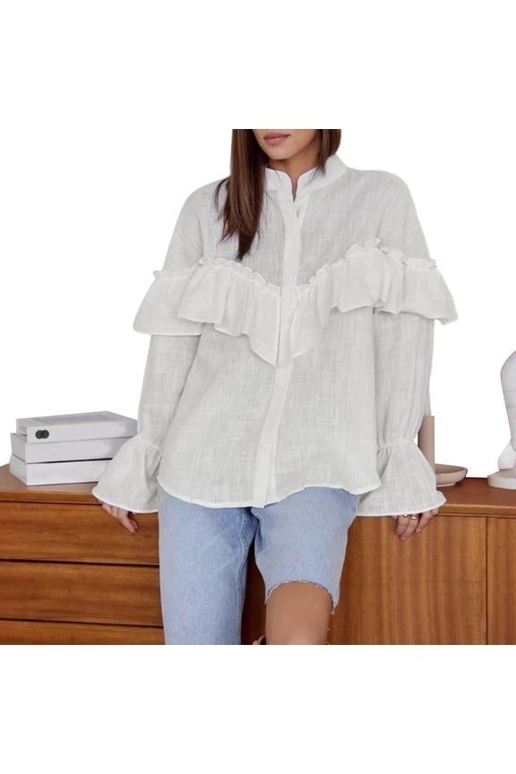 Women' Fashion Layered Ruffle Blouse Long Sleeve Layered Trim Casual Chic Top White M