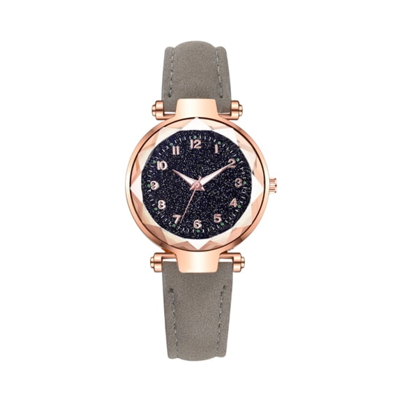 Women Fashion Leather Watch, 1Pc Rose Gold Case Starry Dial With Gray Faux Leather Strap, Elegant Quartz Analog Wristwatch For Daily Wear And Stylish Accent