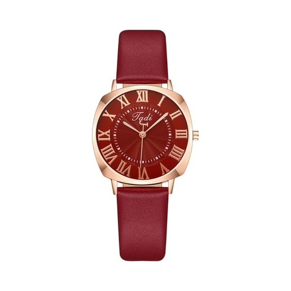 Women Fashion Leather Watch, Elegant Roman Numeral Dial, Rose Gold Case, Red Leather Strap, Luxury Casual Dress Wristwatch For Daily Wear Gift