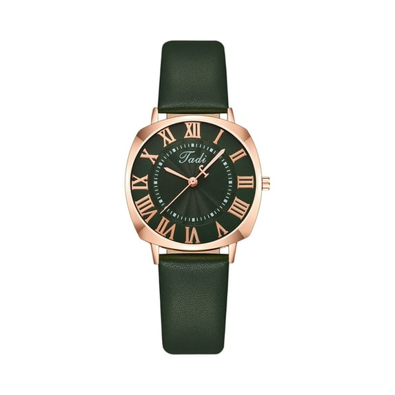 Women Fashion Leather Watch, Retro Roman Numeral Dial, Rose Gold Case, Dark Green Strap, Elegant Casual Wristwatch For Daily Wear