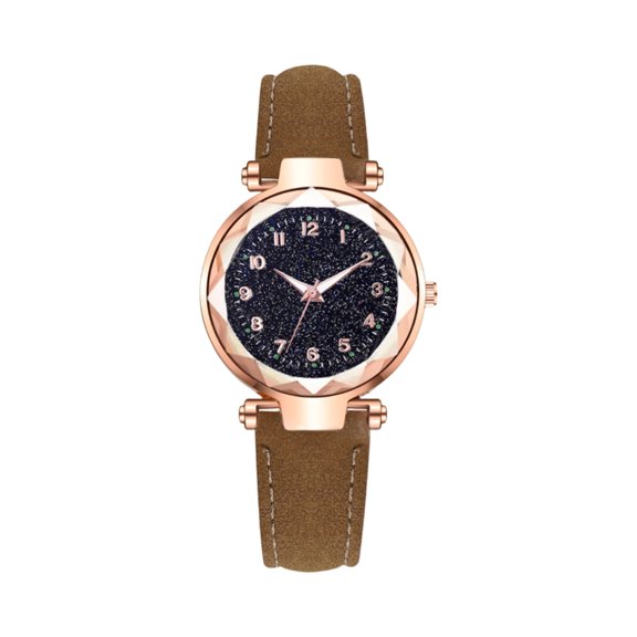 Women Fashion Leather Watch, Rose Gold Plated Analogue Watch With Glitter Starry Dial, Luminous Hands And Numerals For Daily Wear, Gift For Her