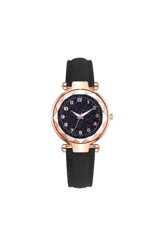 Women Fashion Leather Watch, Starry Dial Rose Gold Case Women's Watch, Elegant Black Leather Strap Analog Wristwatch For Daily Wear And Casual Occasions