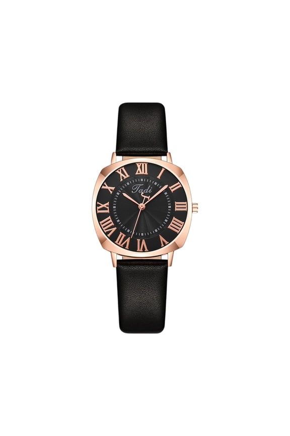 Women Fashion Leather Watch, Stylish Roman Numeral Dial & Rose Gold Case, Elegant Black Leather Strap Wristwatch For Daily Wear & Gift