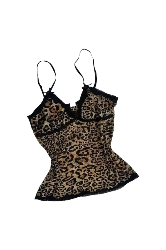 Women Fashion Leopard Print Bustier Tank Casual Crop Top Lace Trim Shirt