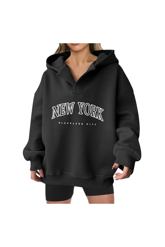 Women Fashion Letter Pattern Neck Hooded Long Sleeve Casual Hoodie Loose Top