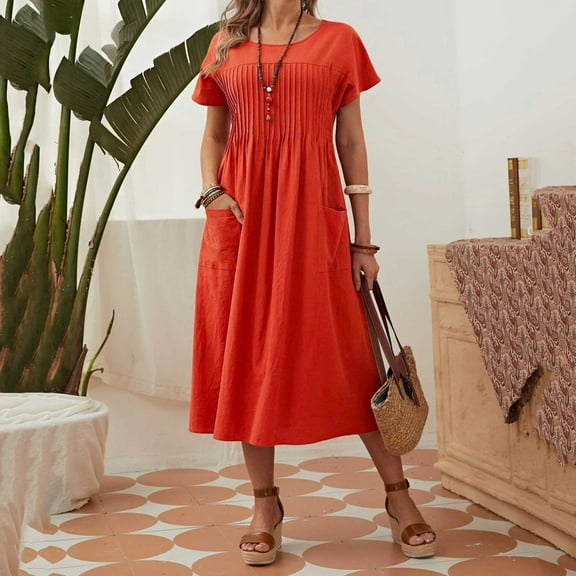 Women Fashion Long Dress Solid Round Neck Pocket Pleated Short Sleeve Dress Woman's Casual Dresses Causal Maxi Dresses for Women Woman Tan Dress Easter Dresses for Women plus Size Maxi Dresses for