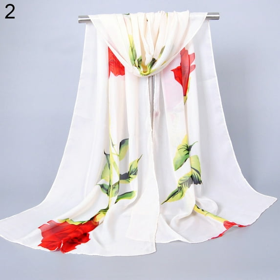 Women Fashion Long Soft Wrap Shawl Rose Flower Printed Sheer Chiffon Scarf