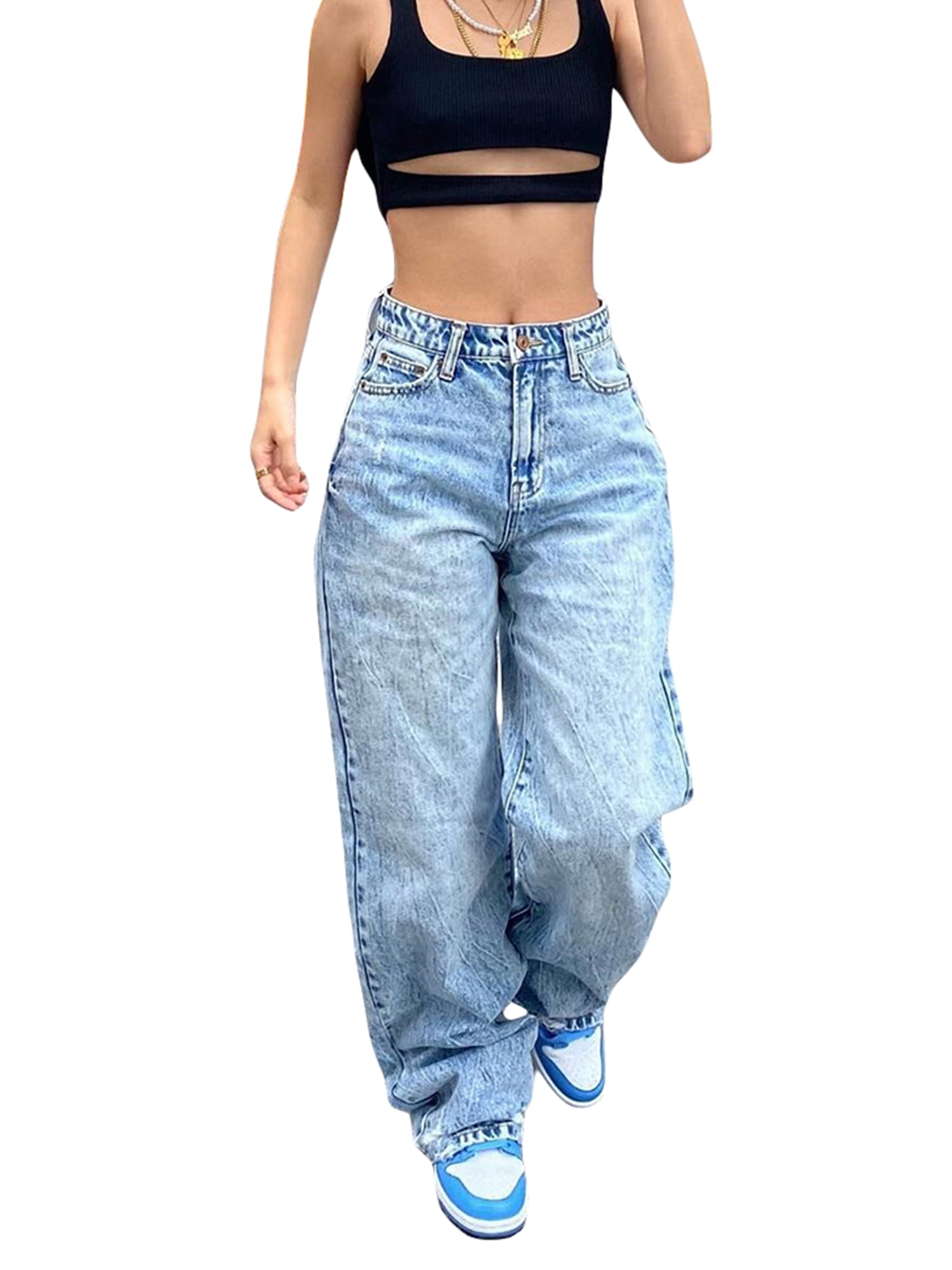 Women Fashion Loose Jeans Autumn Spring Solid Color High Waist Straight Leg  Denim Long Pants with Pockets Streetwear