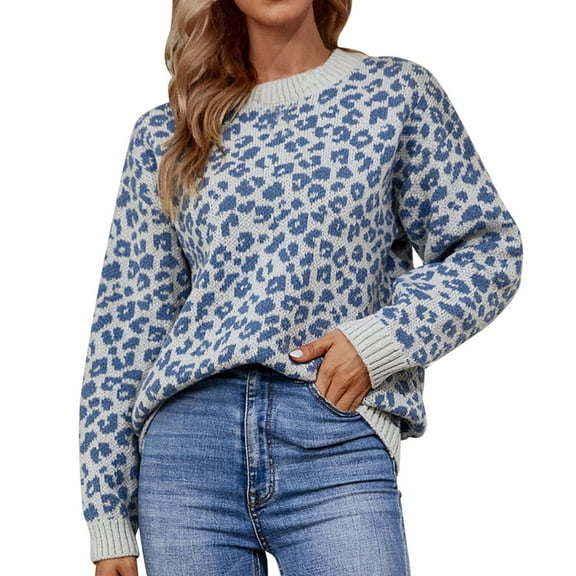 Women Fashion Loose Leopard Print Knit Sweater Pullover Crewneck Sweater