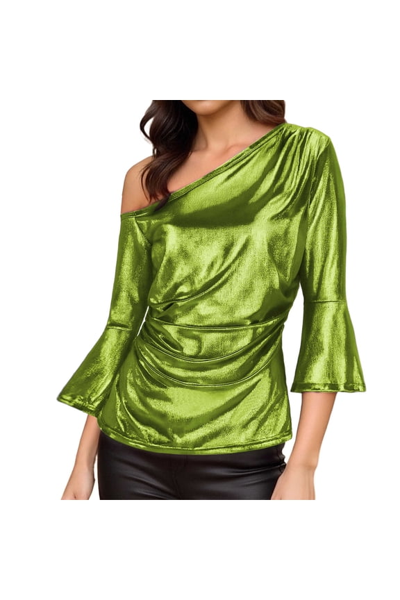 Women Fashion Metallic Tops One Shoulder 3/4 Flare Sleeve Shirts Elegant Blouses Solid Ruched Shinny Shirt