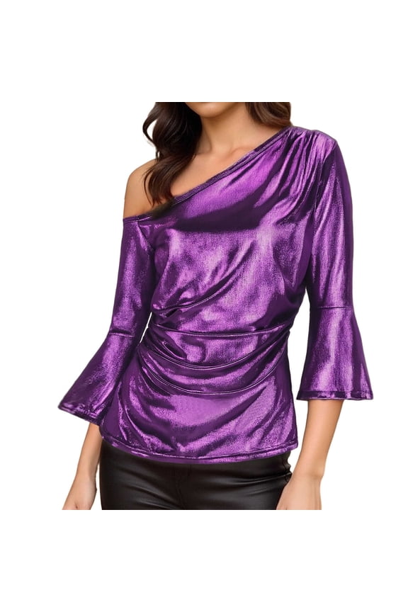 Women Fashion Metallic Tops One Shoulder 3/4 Flare Sleeve Shirts Elegant Blouses Solid Ruched Shinny Shirt