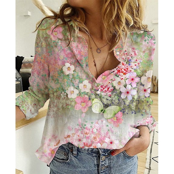 Women Fashion New Floral Printing Single Breasted Long Sleeve Blouses Casual Loose Vintage Women's Tops