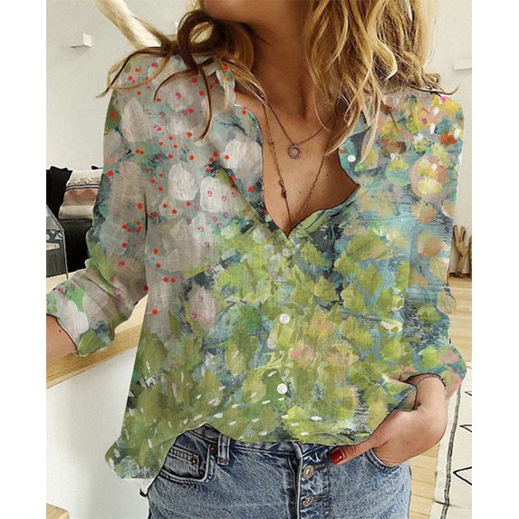 Women Fashion New Floral Printing Single Breasted Long Sleeve Blouses Casual Loose Vintage Women's Tops
