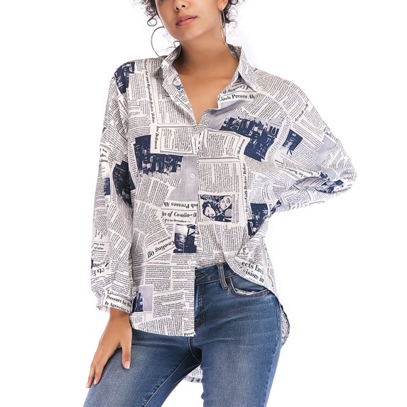 Women Fashion Newspaper Shirt Single-breasted Blouse Lapel Long-sleeved for Summer Spring (Blue, Size M)