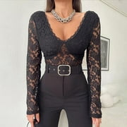 Women Fashion Night Club Outfit Slim Fit V Neck Long Sleeve Lace Crop Top