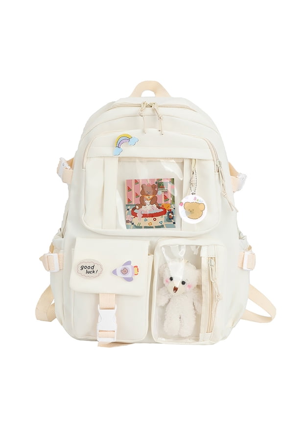 Women Fashion Nylon Backpack Cute School Bag with Plush Pendant & Pin (Beige)