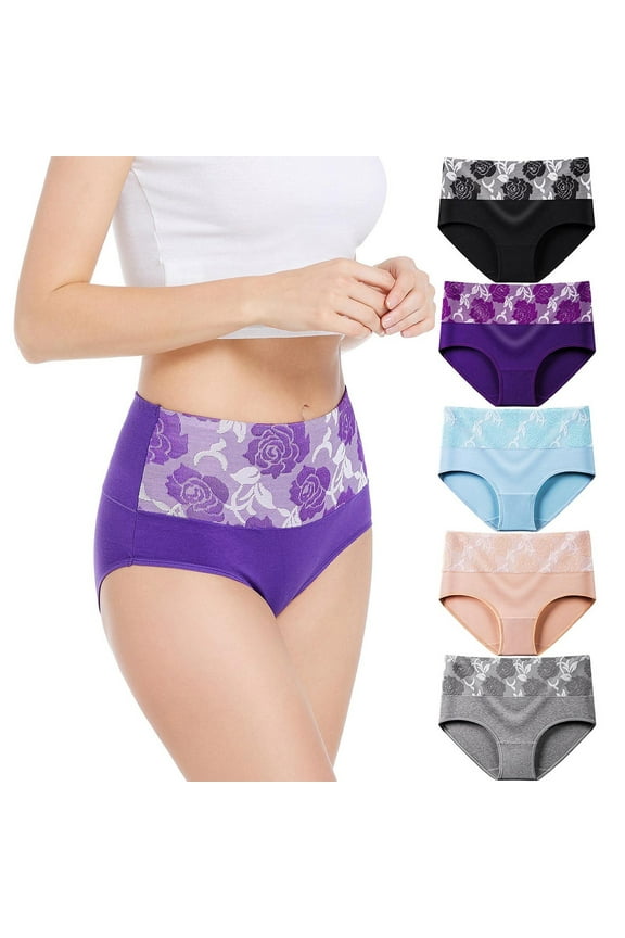 Women Fashion Panties Soft 5 Pack Mixed Colors Elastic Cotton High-Waisted Dailywear Comfy Lightweight Briefs No Show Breathable Stretch Thong Underpants