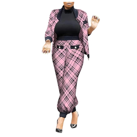 Women Fashion Plaid Print 2 Piece Outfit Zip Up Long Sleeve Jacket Long Pants Set Work Suits Tracksuit
