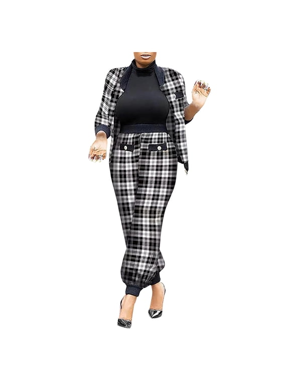 Women Fashion Plaid Print 2 Piece Outfit Zip Up Long Sleeve Jacket Long Pants Set Work Suits Tracksuit