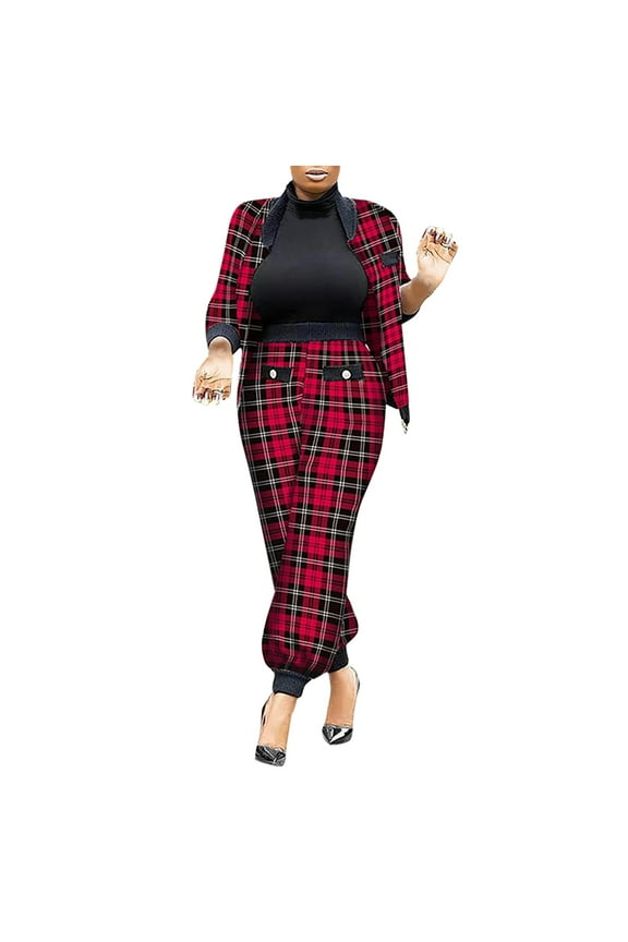 Women Fashion Plaid Print 2 Piece Outfit Zip Up Long Sleeve Jacket Long Pants Set Work Suits Tracksuit