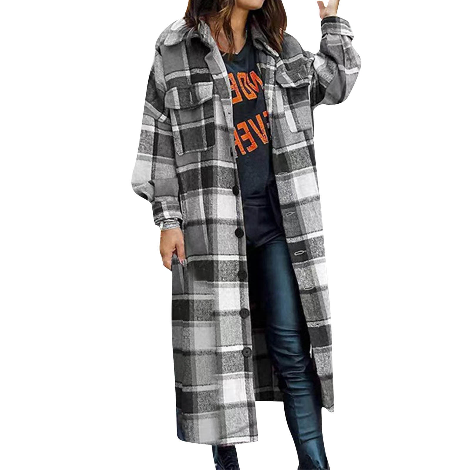 Women Fashion Plaid Print Outwear Winter Long Sleeve Lapel Long Jacket  Trench Coat With Mauve Jacket With Hood Wool Zip up Jacket Nonstop Jacket  Women