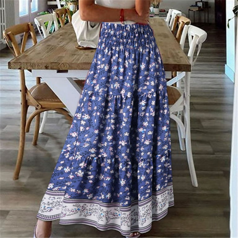 Women Fashion Plus Size Skirts Summer Boho Long Skirt Floral Printing Skirt Blue M