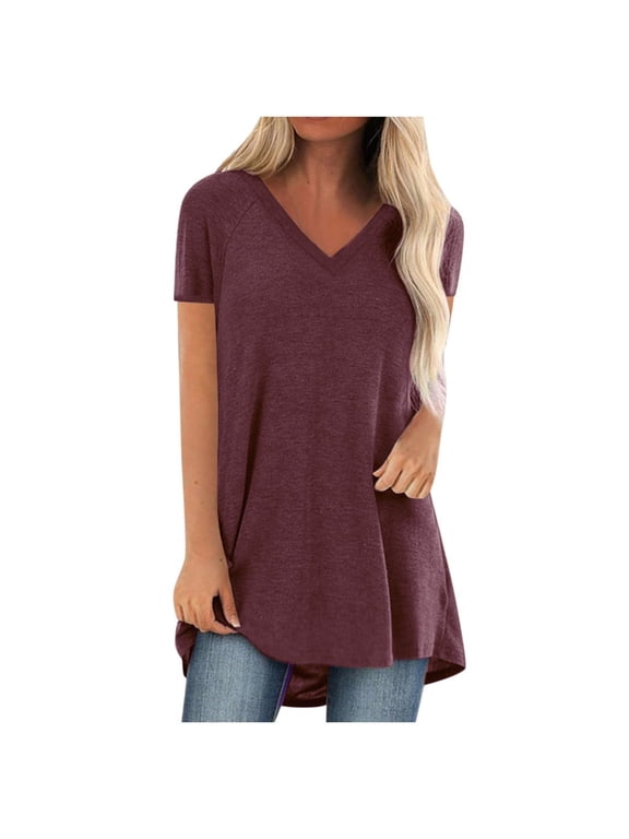 Women Fashion Plus Size Tunic Shirt Print V Neck Short Sleeved Long T-shirt Blouse maroon,XXL