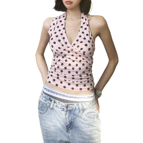 Women Fashion Polka Dot Halter V Neck Sweet Sleeveless Tank Top